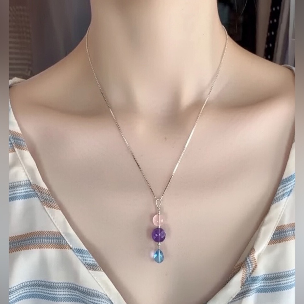 Hand wire wrapped Rose Quartz, Amethyst, & Swarovski Sterling Silver Necklace